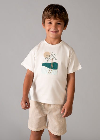 Mayoral boys’ summer set with white palm tree graphic t-shirt and beige drawstring shorts.