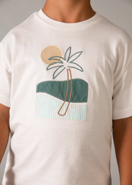 Mayoral boys Beige t-shirt with a palm tree and sun design on a plain background