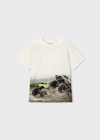 white round neck T-shirt with 2 monster trucks graphic photo print on a plain background