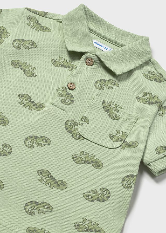 Mayoral Matcha green boys polo shirt with adorable chameleon print pattern.