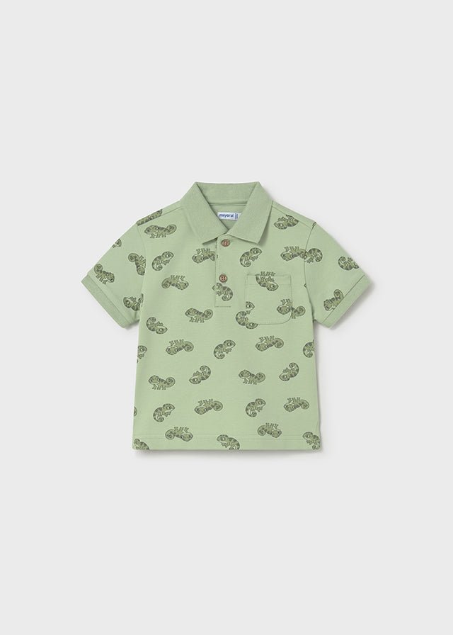 Mayoral Matcha green boys polo shirt with adorable chameleon print pattern.