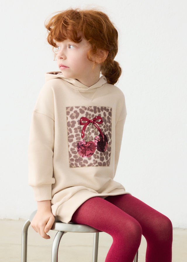 Light khaki fleece hooded dress with leopard‑print cherry patch, Style 16‑04916‑025.