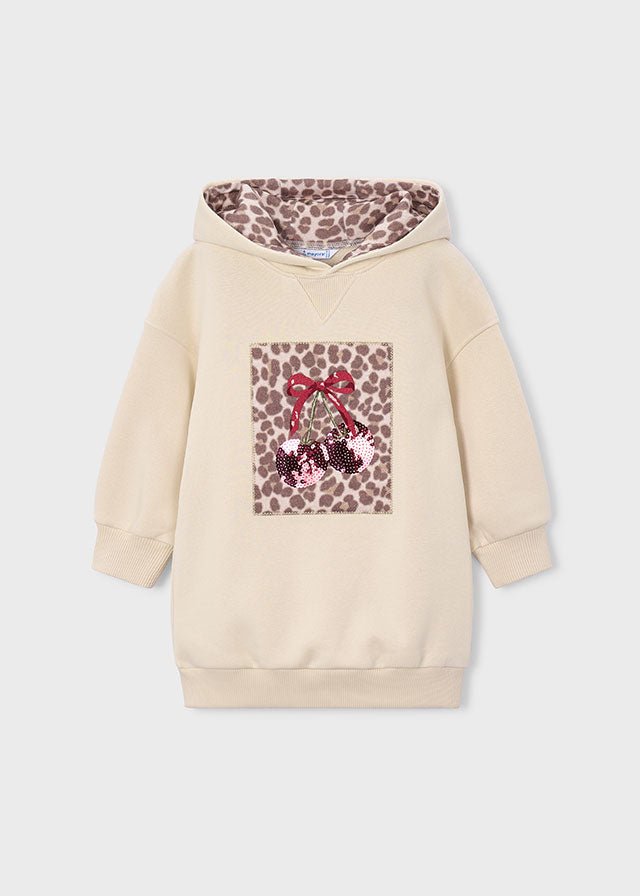 Light khaki fleece hooded dress with leopard‑print cherry patch, Style 16‑04916‑025.