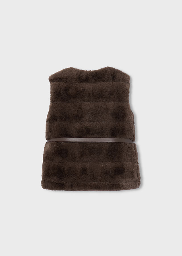 Soft fluffy gilet in coffee tone with PU belt.