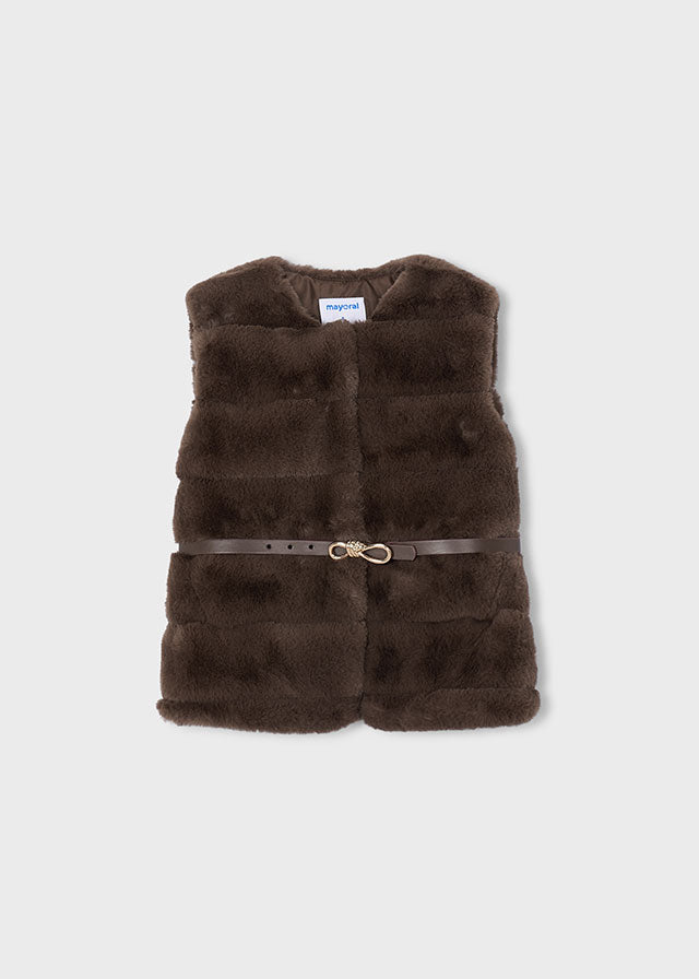 Soft fluffy gilet in coffee tone with PU belt.