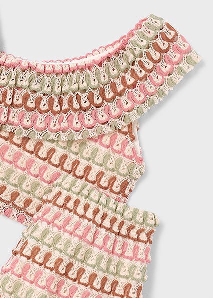 Girls’ Mayoral embroidered summer set with one‑shoulder ruffle top and matching shorts featuring crochet‑inspired looped embroidery.