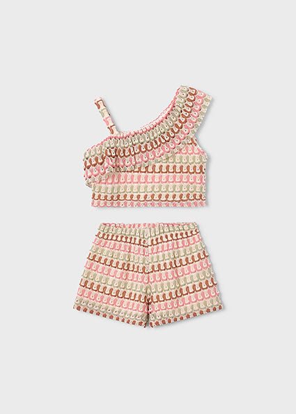 Girls’ Mayoral embroidered summer set with one‑shoulder ruffle top and matching shorts featuring crochet‑inspired looped embroidery.