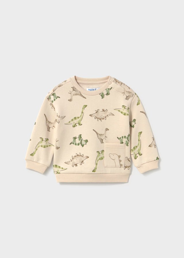 Light Taupe baby boy pullover with playful dinosaur pattern and front pocket.