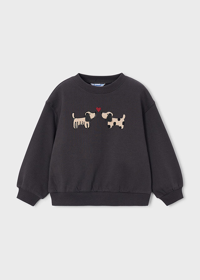 A dark charcoal gray crewneck sweatshirt featuring embroidered dog illustrations and a small red heart on the front, displayed against a light gray background.