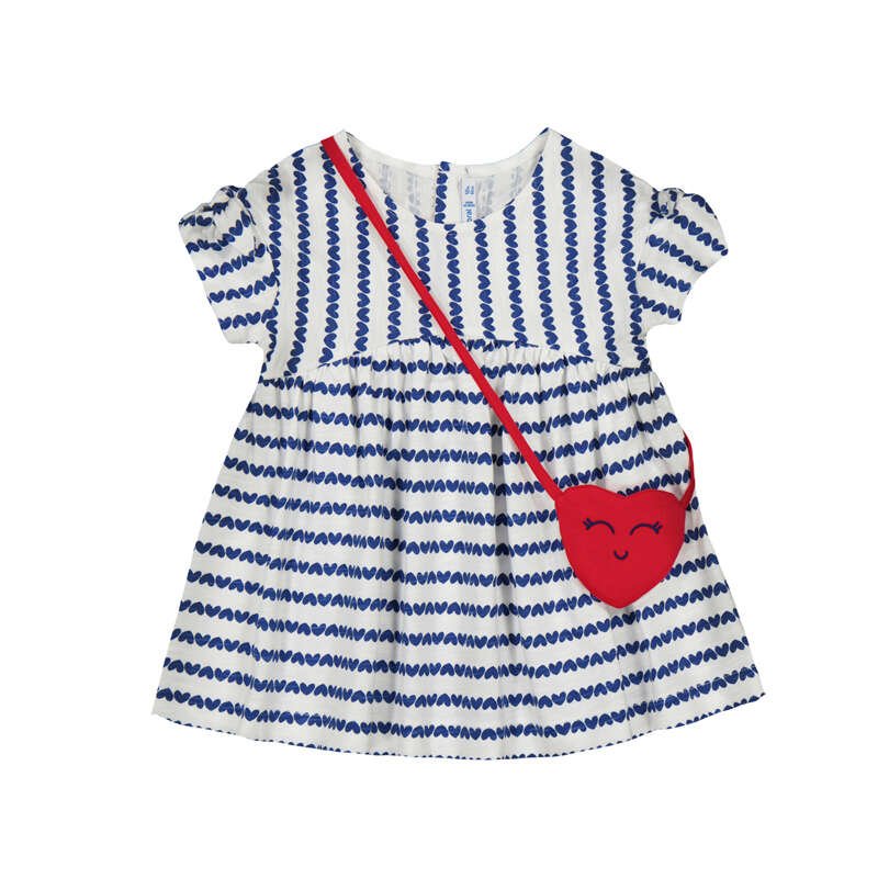 White dress with blue stripes and a red heart bag on a white background