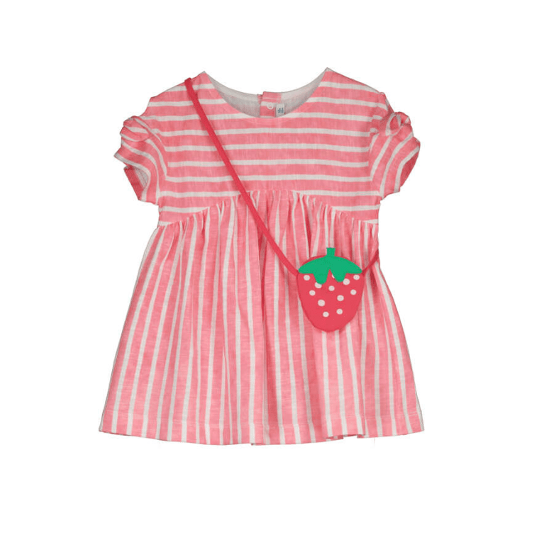 Pink and cream dress with horizontal stripes on the chest and vertical from under the chest,  with ruffle short sleeves with a strawberry shaped cross body bag