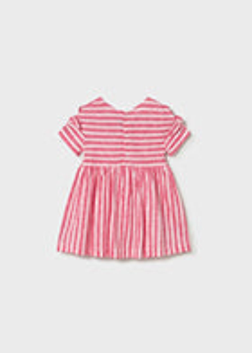 Pink and cream dress with horizontal stripes on the chest and vertical from under the chest,  with ruffle short sleeves with a strawberry shaped cross body bag