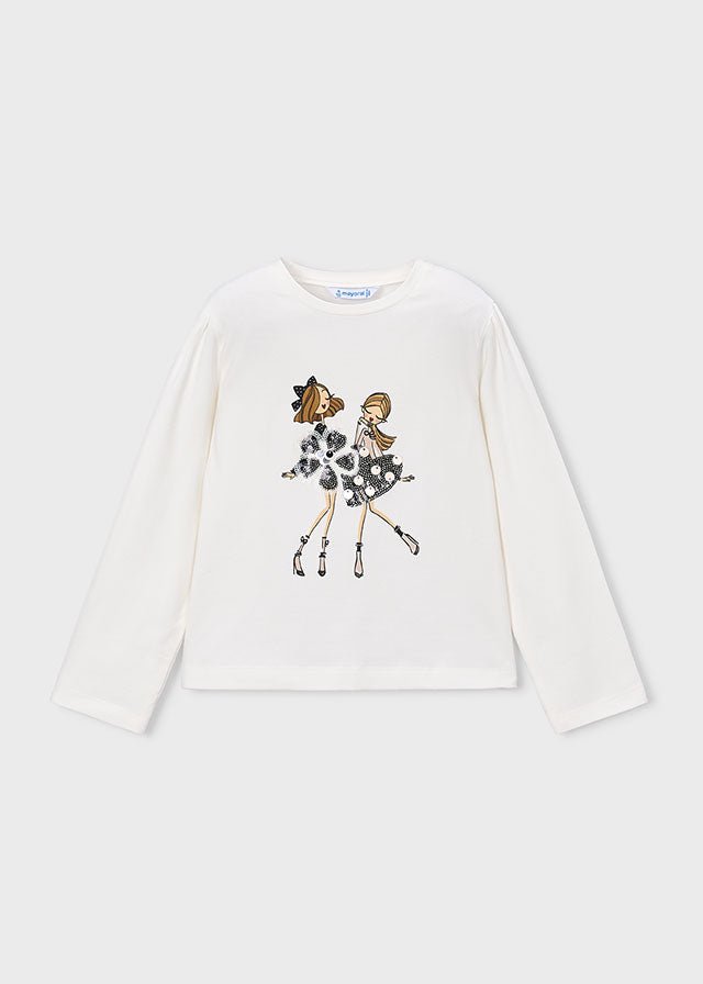 Girl's white cotton‑modal long sleeve T‑shirt with fashion‑inspired graphic