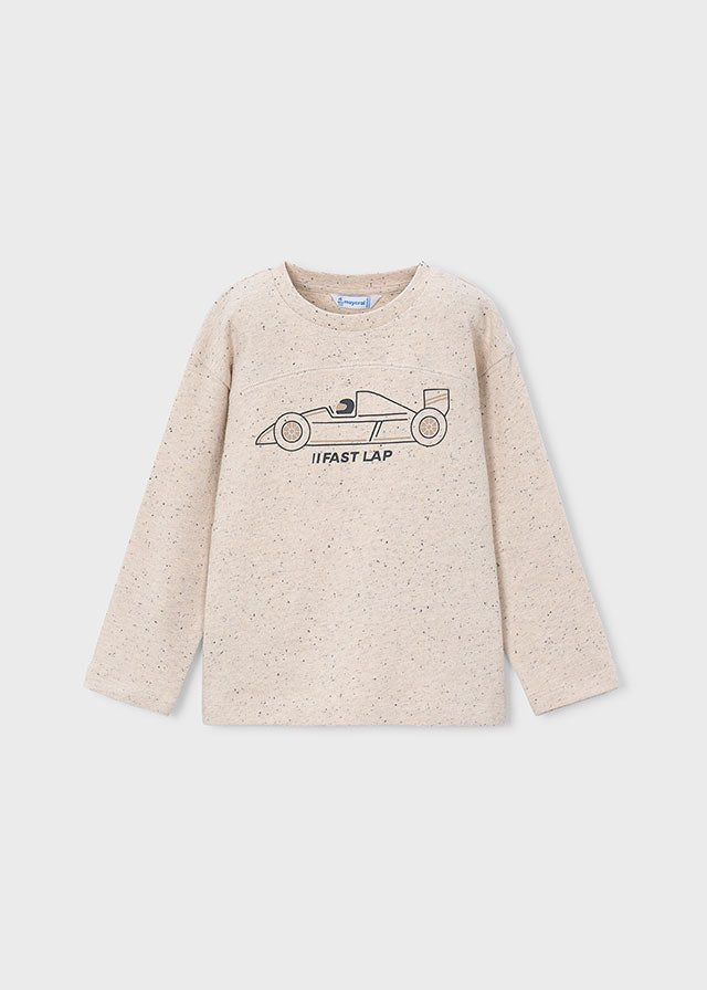 Speckled knit boys’ T‑shirt with simple racing graphic.