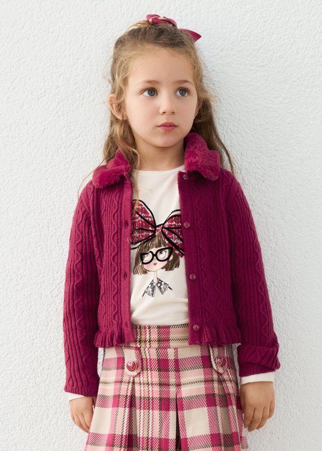 Raspberry girls’ cardigan with detachable faux‑fur collar.