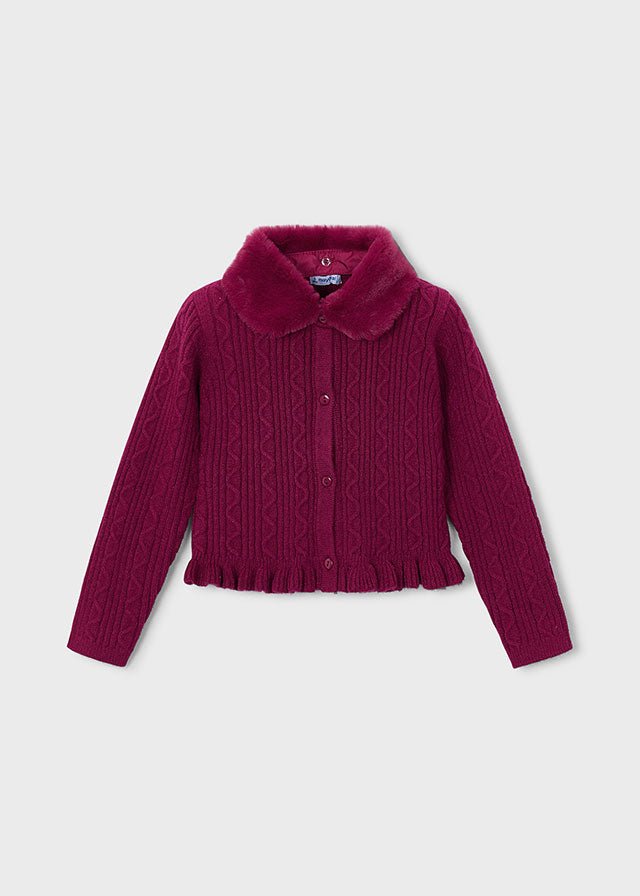Raspberry girls’ cardigan with detachable faux‑fur collar.