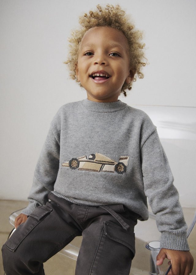 Boys’ cotton‑blend jumper featuring sporty car design.

