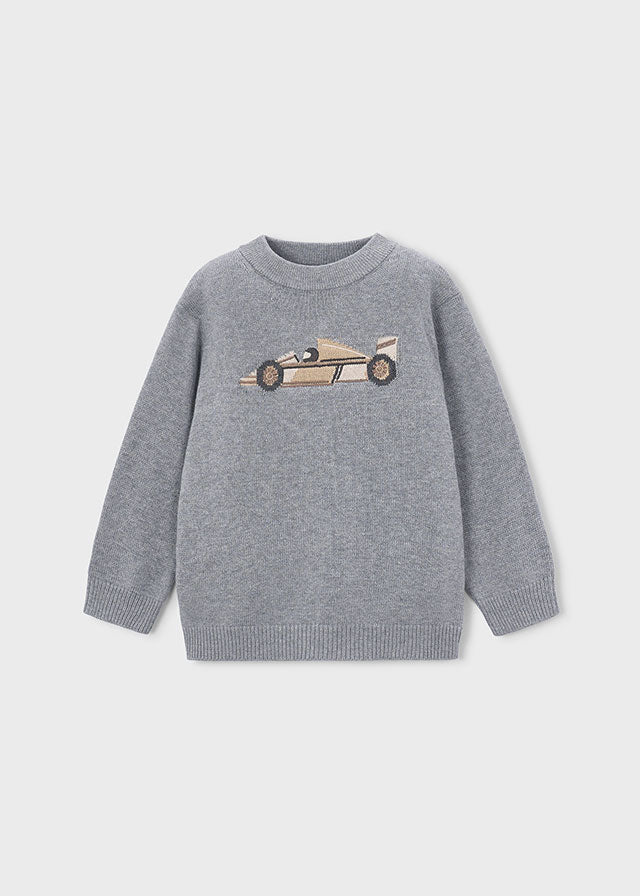 Boys’ cotton‑blend jumper featuring sporty car design.

