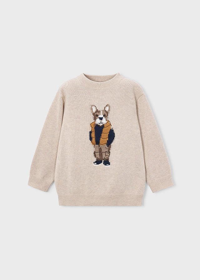 A beige crewneck sweater featuring a central graphic of a dog dressed in a brown vest and navy jacket, displayed on a light gray background.
