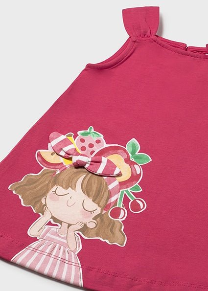 Pink dress with a character design and bow detail to one strap and dress on a white background