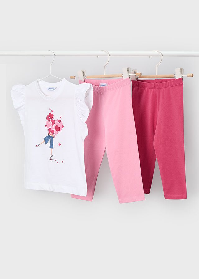 Girls’ cotton outfit set with white ruffle‑sleeve heart‑bouquet top and two pink cotton leggings.
