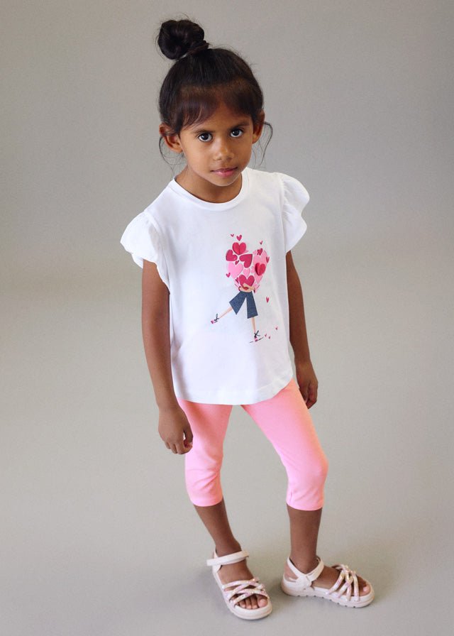 Girls’ cotton outfit set with white ruffle‑sleeve heart‑bouquet top and two pink cotton leggings.