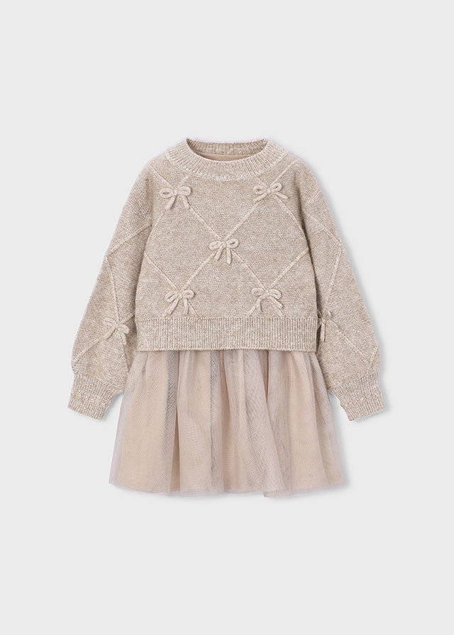 Beige vigo two‑piece outfit with bow‑detail knit sweater and sleeveless dress with gathered tulle skirt, Style 16‑04927‑037.