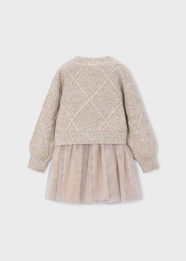 Beige vigo two‑piece outfit with bow‑detail knit sweater and sleeveless dress with gathered tulle skirt, Style 16‑04927‑037.