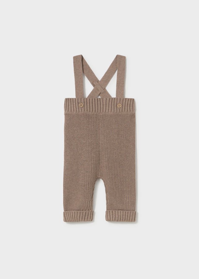 Mayoral baby knit suspenders pants in soft Khaki Opalo — soft cotton trousers with cross‑over straps and button detail.