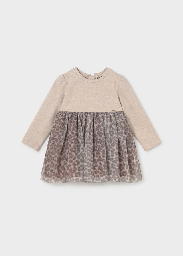 Baby girl knit‑and‑tulle dress with seed‑tone top and leopard‑print tulle skirt.

