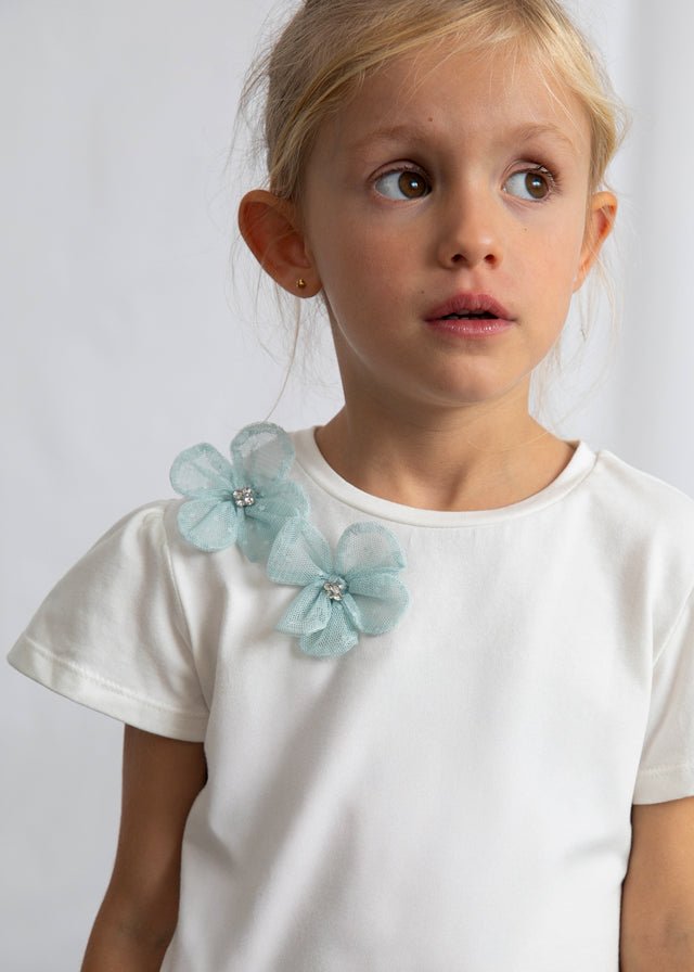 Girls’ white floral‑shoulder top with light blue dotted tulle skirt.
