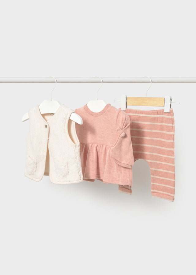 Pink baby leggings set with gathered long‑sleeve top and plush vest, Style 16‑02773‑002.