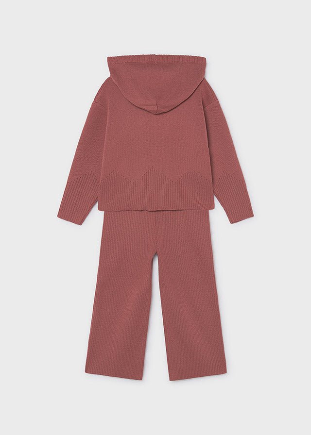 A two-piece children's knit loungewear set in a dusty rose color, featuring a hooded long-sleeve top and matching wide-leg pants, shown flat on a light gray background.
