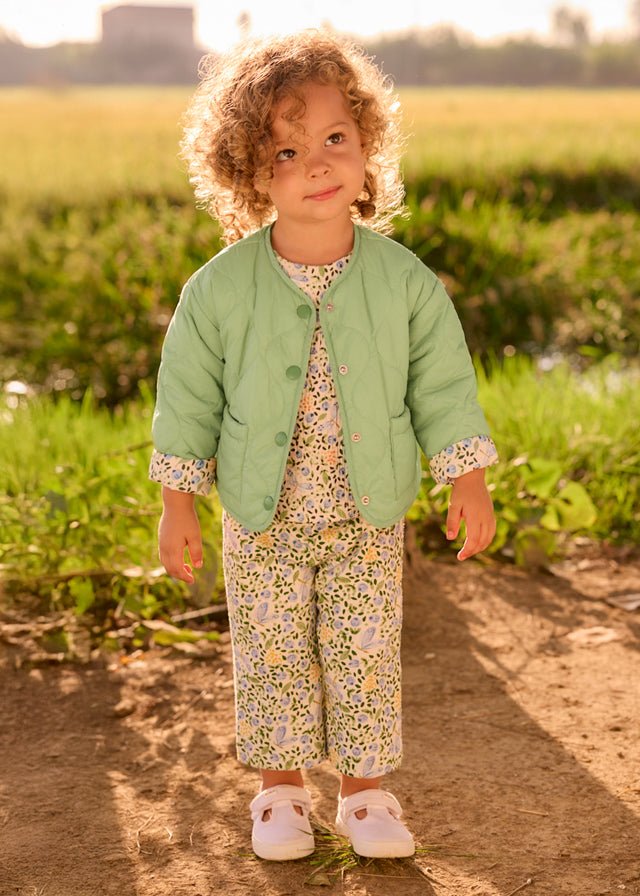 Mayoral cheesecloth texture long trousers, with floral and dragonfly print