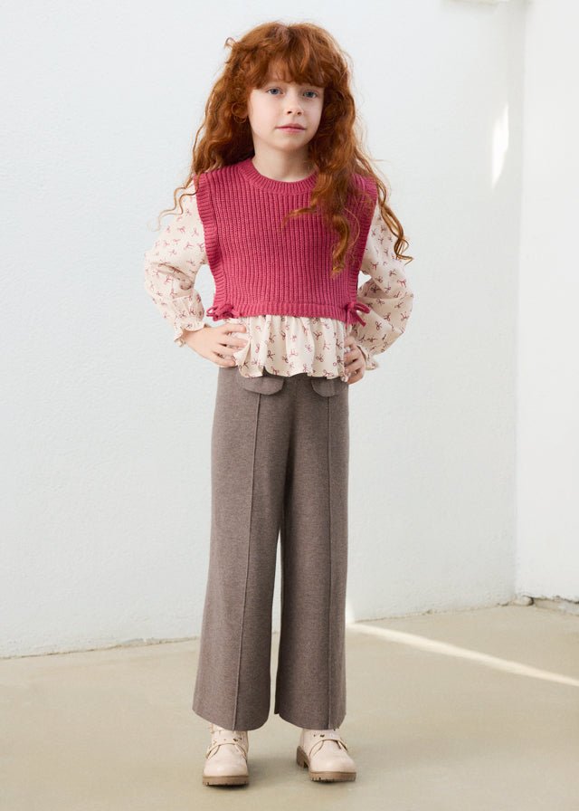 Moka mix knitted wide‑leg trousers with front seam detail and waistband, Style 16‑04525‑075.