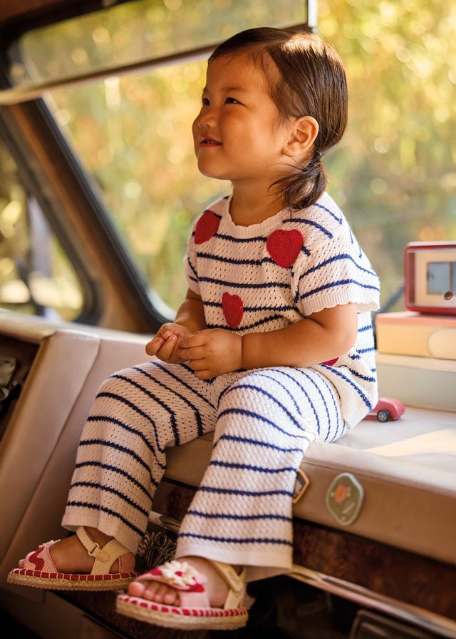 Mayoral goirls - knit pants set, white with blue stripes and crochet heart on the top