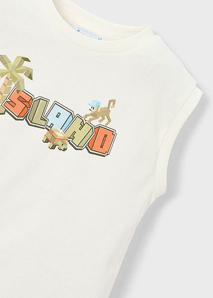 Mayoral cream tank top with island text print in orange green and blue, with palm tree as the letter I and characters.