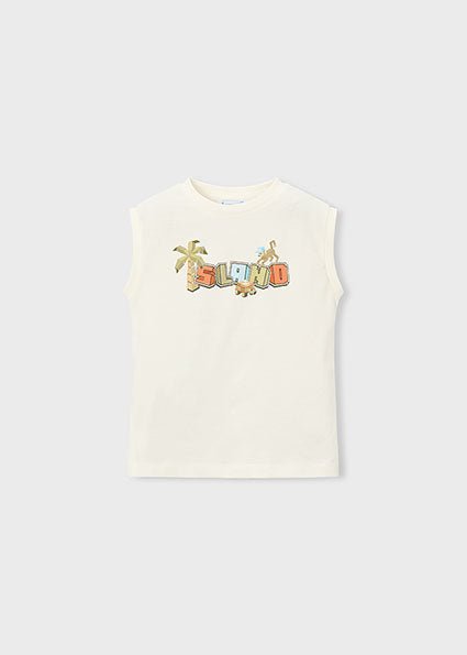 Mayoral cream tank top with island text print in orange green and blue, with palm tree as the letter I and characters.