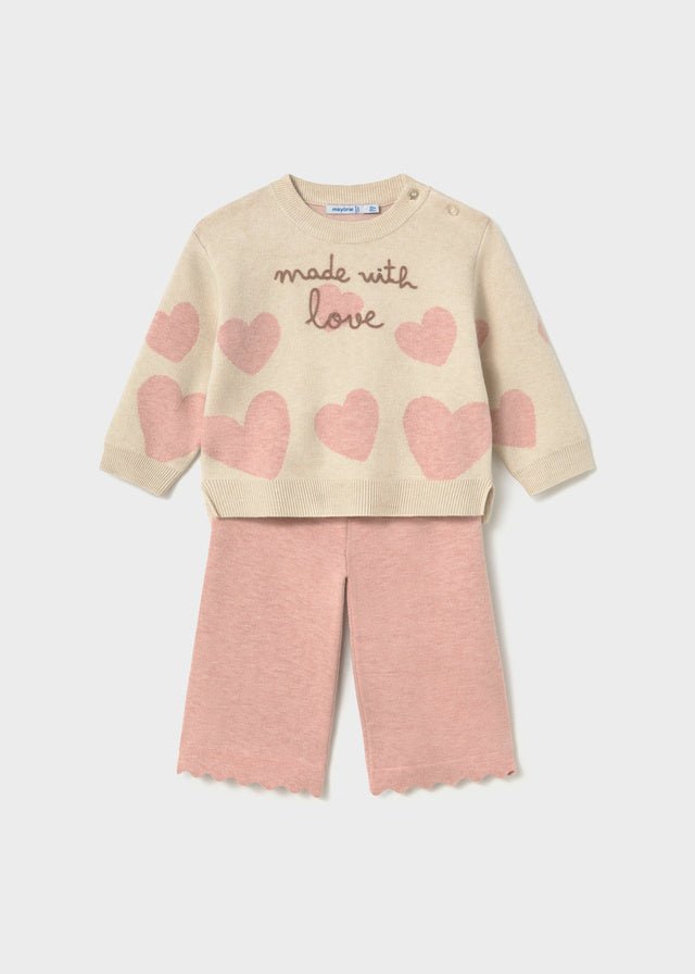 Baby girl knit hearts sweater and matching long trousers in soft Pastel Mix colours.
