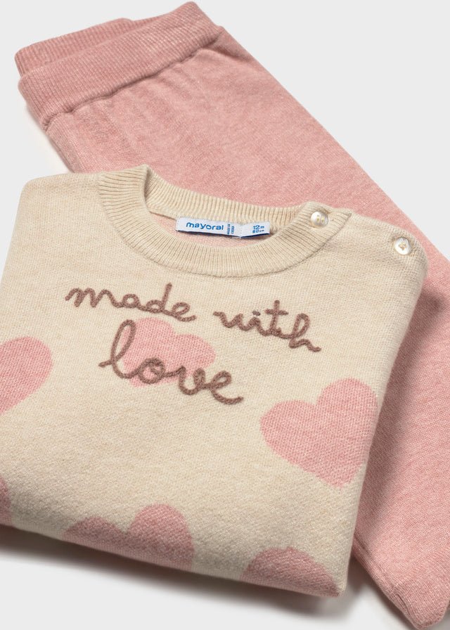 Baby girl knit hearts sweater and matching long trousers in soft Pastel Mix colours.