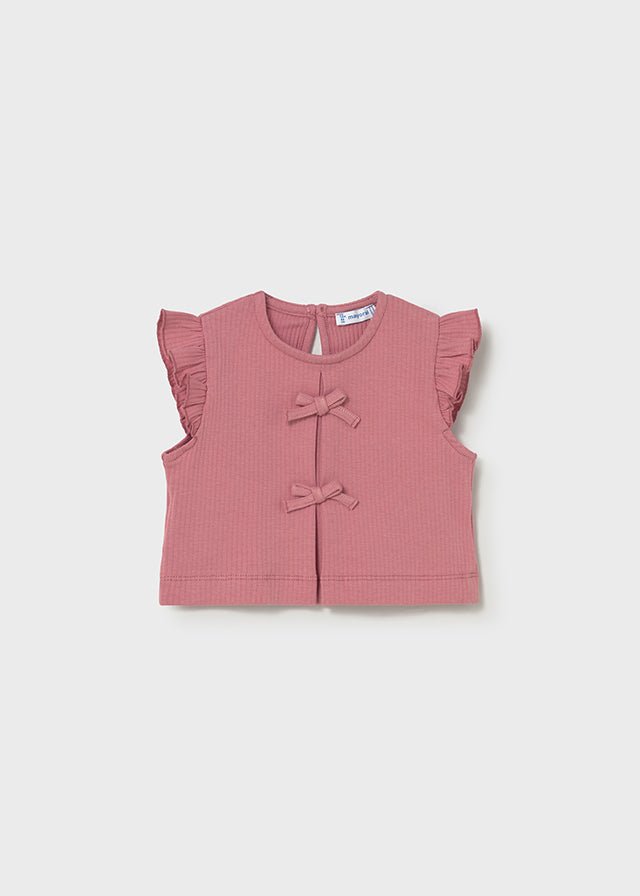 Mayoral Pink sleeveless top with ruffled sleeves and tie bow detail on a white background
