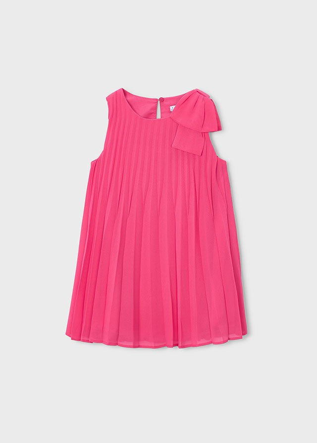 Girls’ bright pink pleated dress with bow‑shoulder detail, sleeveless and lightweight.
