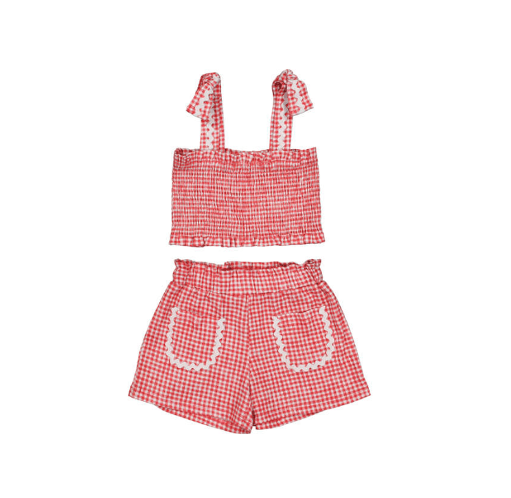 Red and white gingham crop top and shorts set with bow straps and scalloped pockets.