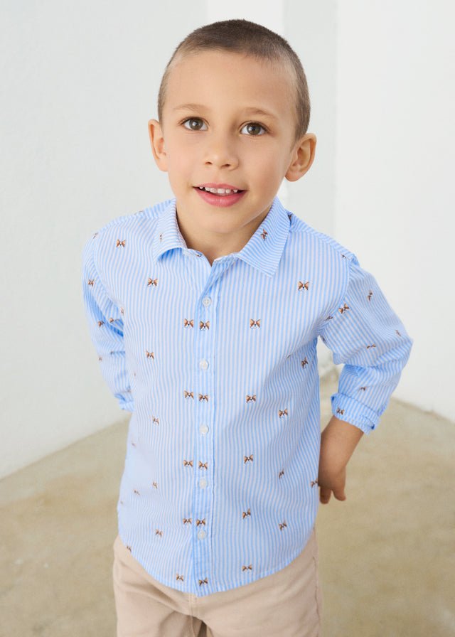 Blue‑and‑white striped buttondown shirt with embroidered puppy faces.