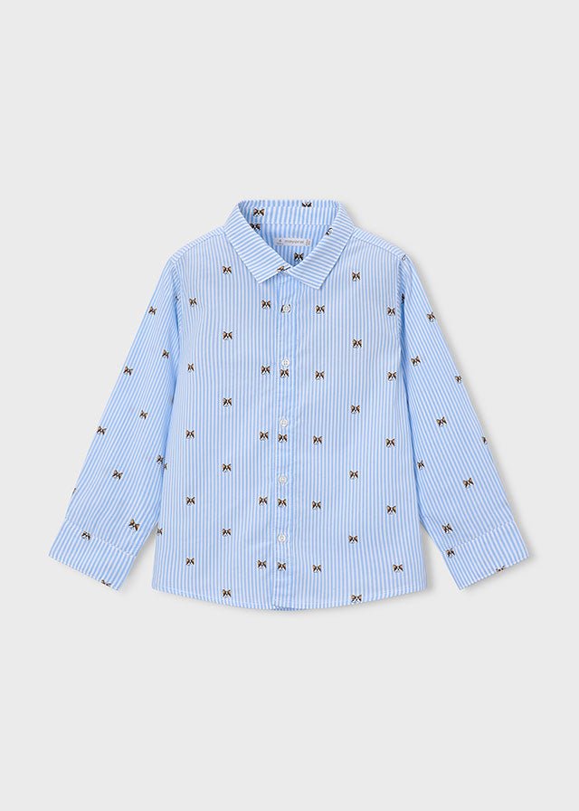 Blue‑and‑white striped buttondown shirt with embroidered puppy faces.