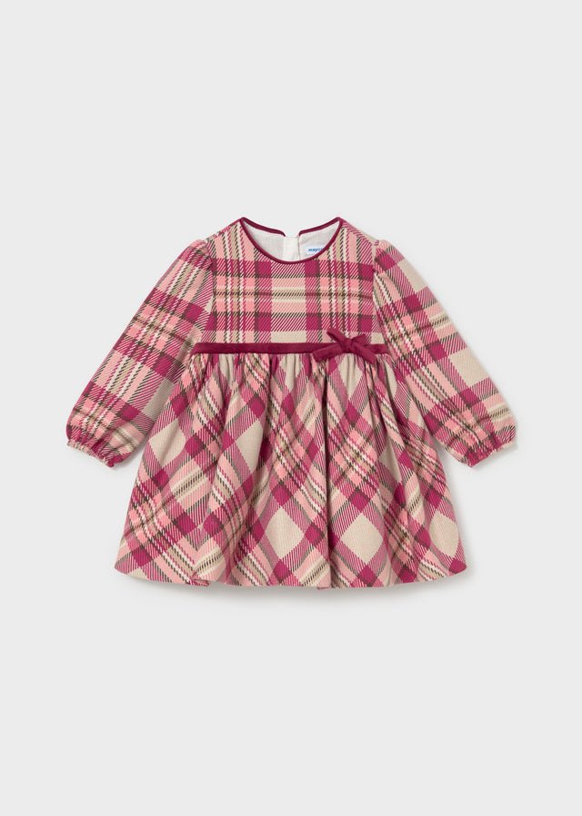 Raspberry plaid dress with gathered waist and burgundy bow.

