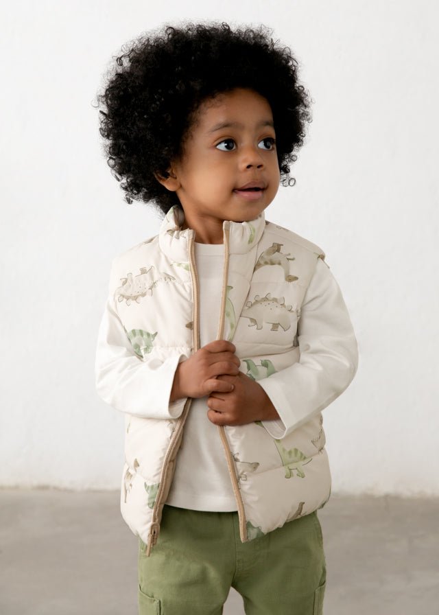 Baby Boy reversible gilet with neutral side and soft dinosaur print on the reverse.