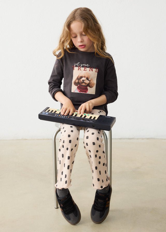 Quinoa vig rib knit flare leggings with dotted pattern and ruffled waistband, Style 16‑04728‑014.