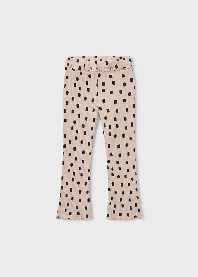 Quinoa vig rib knit flare leggings with dotted pattern and ruffled waistband, Style 16‑04728‑014.