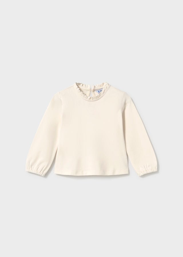 Baby girl three‑piece outfit with cream long‑sleeve top, Rooibos Tea trousers and pink knit vest featuring a mouse motif.


